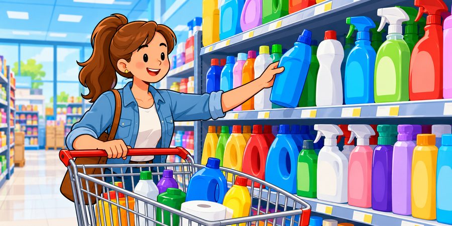 Une cliente choisit une bouteille de produit ménager au magasin