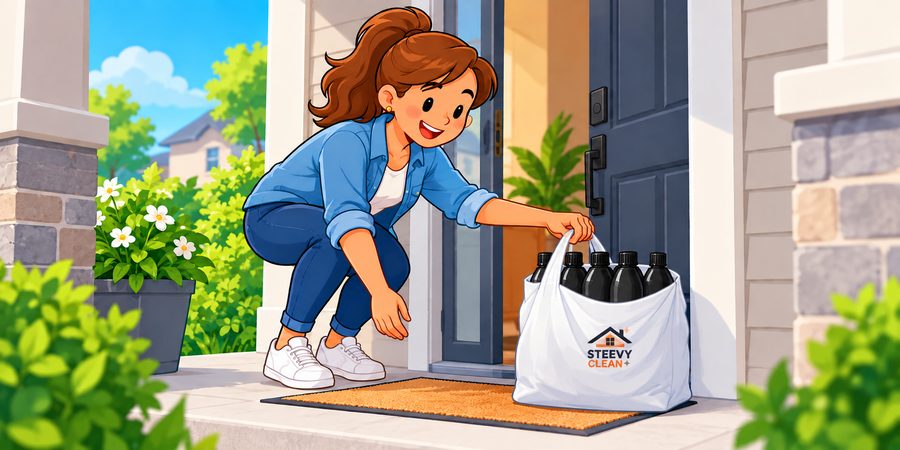 Une cliente récupère ses produits SteevyClean déposés à sa porte